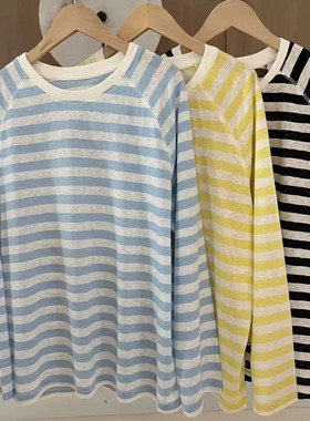 薄款条纹长袖T恤女2025夏新款韩版圆领插肩袖宽松防晒空调衫上衣