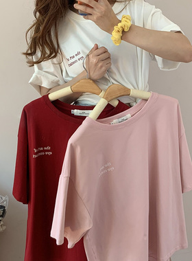 2024新款原宿风纯棉短袖t恤女韩版宽松显瘦圆领纯色字母上衣ins潮