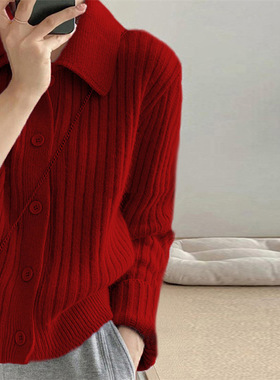 2026新款小个子POLO领针织开衫女韩版短款纯色上衣毛衣新年红色厚
