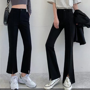 长裤 九分裤 拖地裤 西装 女 高腰黑色弹力棉修身 裤 显瘦显高喇叭开叉裤
