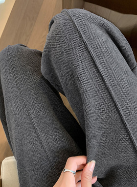 韩版人字纹阔腿裤女秋冬休闲羊毛西装裤灰色毛呢直筒裤加厚加绒