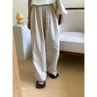 女 自带慵懒感休闲直筒麻裤 2024夏季 松紧腰舒适百搭宽松休闲裤 长裤