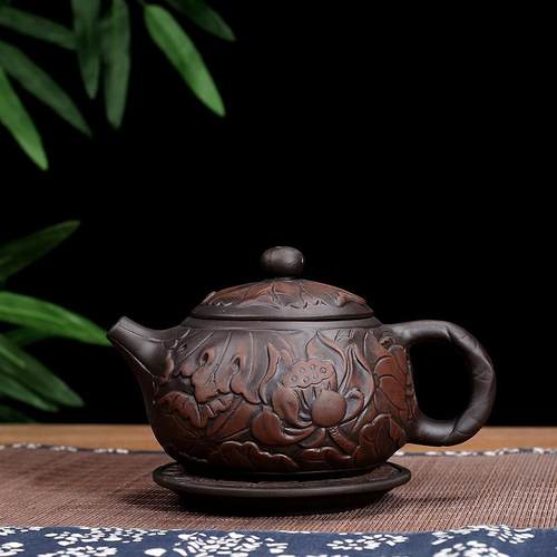 云南紫陶200ml堆雕荷花韵茶壶
