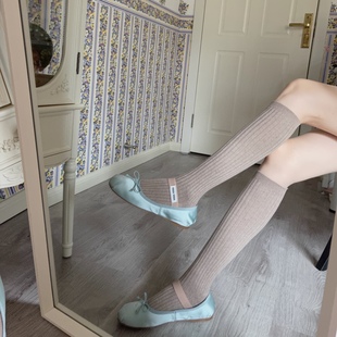 不可思一间竖条纹咖色小腿袜芭蕾竖条纹秀款棉线显瘦堆堆袜小腿袜