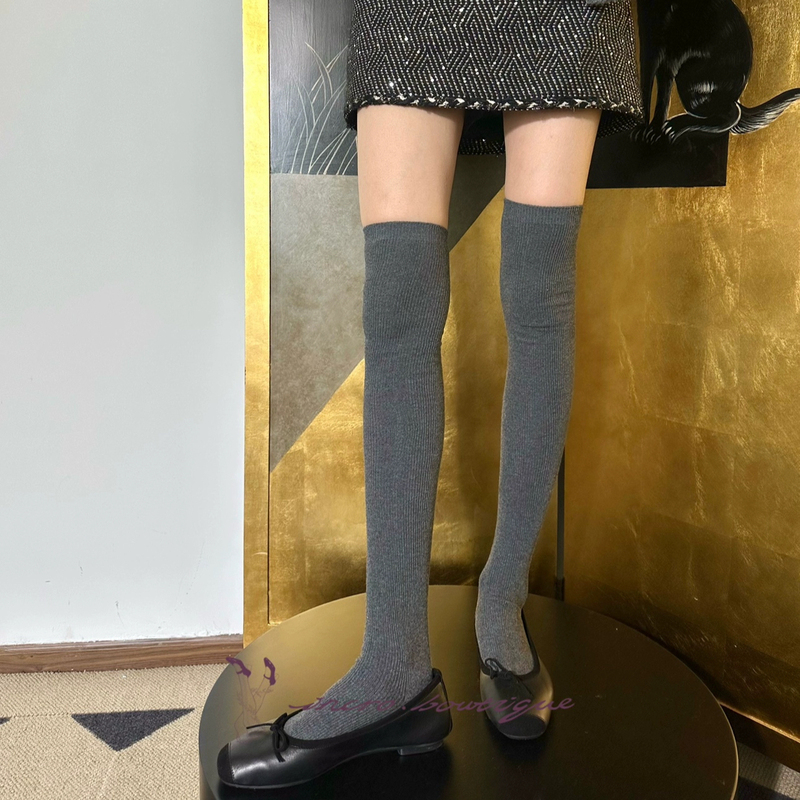 棉百搭细条纹长筒过膝袜双针纯色