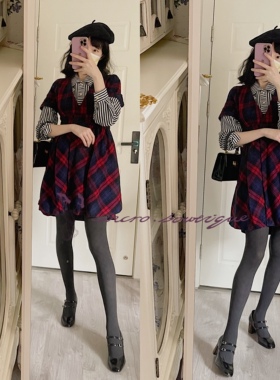 100D白色棕色春秋款巧克力菱格纹板巧蝴蝶结lolita日系连裤丝袜女