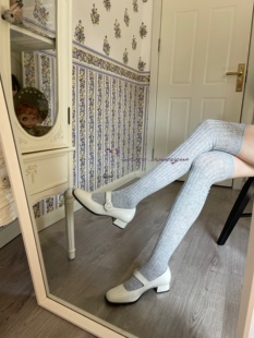 秀场芭蕾竖条纹针织棉线秋季 堆堆袜小腿过膝袜显瘦浅灰色miu少女