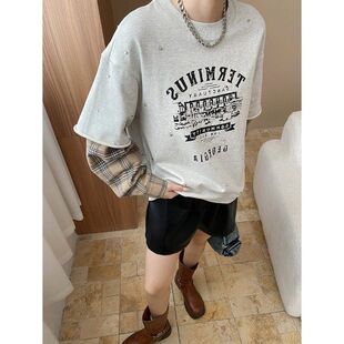 SN8022 格纹拼接假两件圆领字母印花宽松卫衣 小众设计 美式