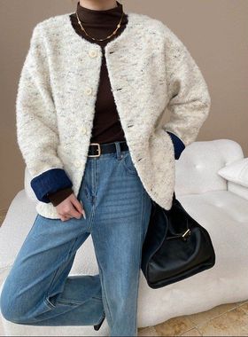 博主调性 法式高级感拼接牛仔袖口粗花呢小香风外套 SN8206