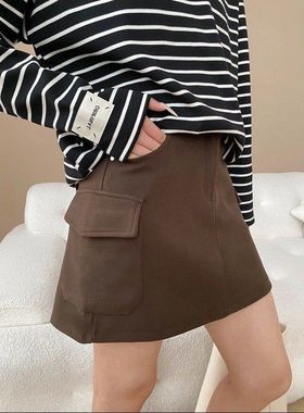 氛围出街 简约纯色高腰A字显瘦工装风毛呢半身短裙 SN8214
