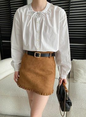 早春新款 法式高级感系带圆领宽松显瘦全棉长袖衬衫 SN8657