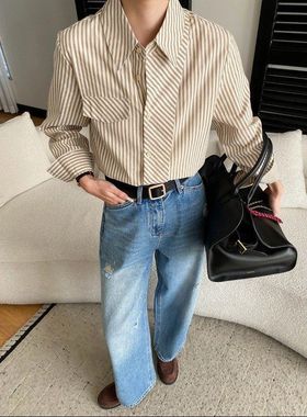 早春新款 法式复古条纹双门襟翻领宽松百搭长袖衬衫 SN8585