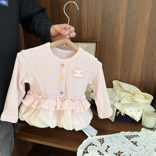 女宝宝洋气裙摆T恤上衣女婴儿春装2026新款女童显气质针织娃娃衫
