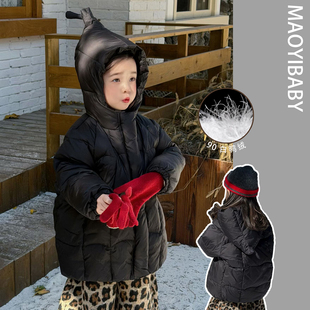 女宝宝加厚黑色保暖羽绒服女童冬装女婴儿童安心白鸭绒外套中长款