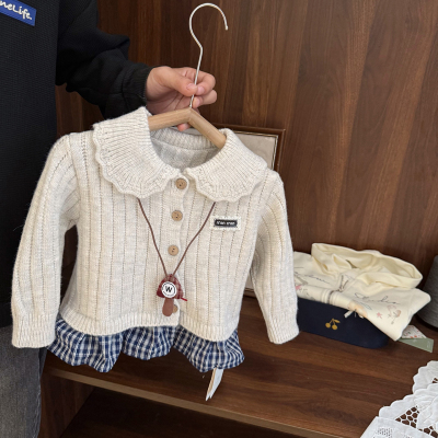 洋气拼格子开衫毛衣外套