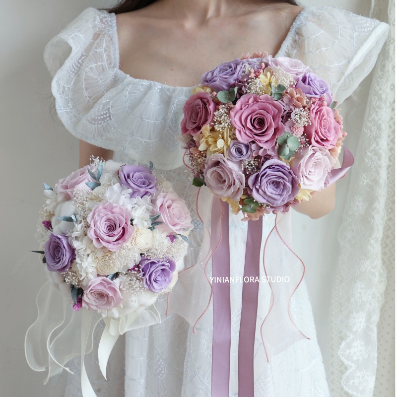 紫色系新娘手捧花永生花玫瑰绣球干花花领证迎亲求婚客厅装饰花束