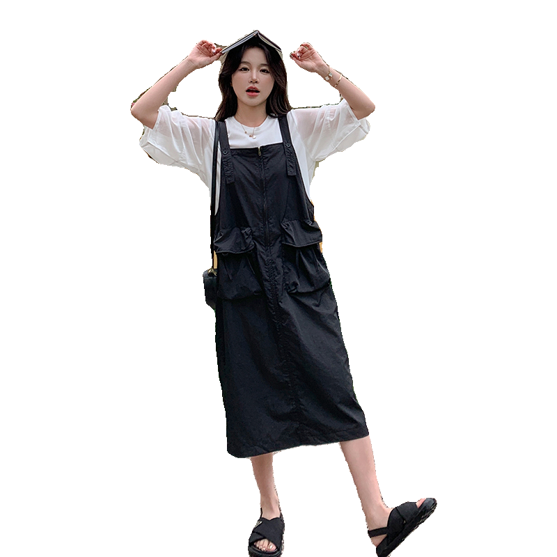 卡其色休闲日系工装风背带裙女2024夏新款慵懒宽松显瘦文艺连衣裙,女装套装/套裙,浙宝220