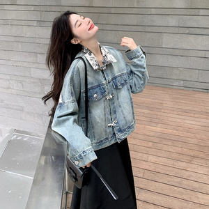 中式国风水墨画拼接蓝色水洗牛仔衣外套女小个子短款高端夹克上衣图片