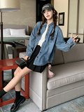 中式国风水墨画拼接蓝色水洗牛仔衣外套女小个子短款高端夹克上衣，女装衬衫，浙宝220