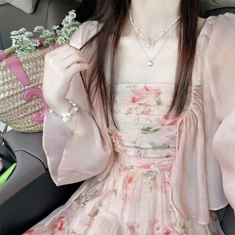 法式温柔甜美减龄抹胸碎花连衣裙子女夏天外穿防晒衫上衣两件套装