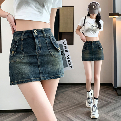 实拍防走光牛仔半身裙女怀旧设计感显瘦高腰牛仔短裤包臀裙