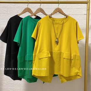 夏季新款个性拼接后背开叉短袖T恤宽松休闲遮肚显瘦大码女装上衣