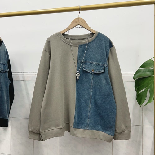 若灵儿秋季新款牛仔拼接宽松休闲遮肉显瘦大码女装长袖T恤上衣