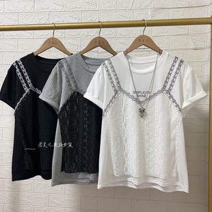 若灵儿宽松休闲遮肉显瘦蕾丝拼接女装 T恤上衣 假两件百搭圆领短袖