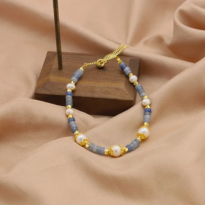 高级！天然淡水珍珠手链小众设计海蓝宝手串18k真金电镀手饰品女
