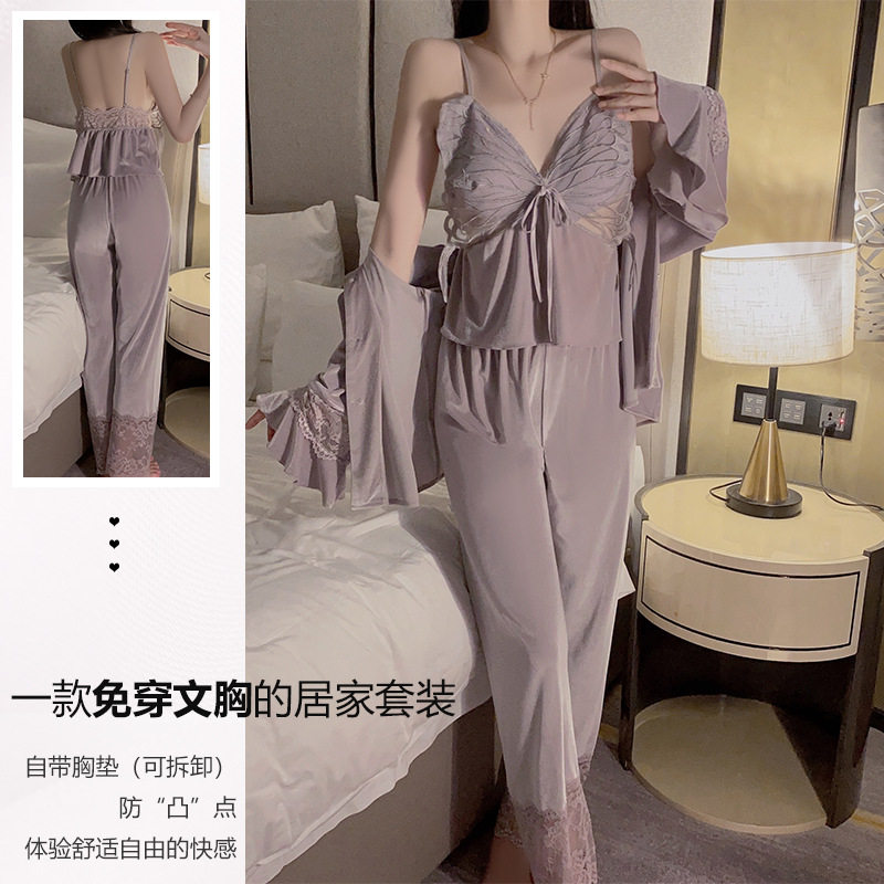 新款瑰若秋冬加胸垫聚拢丝绒甜美女式吊带上衣长裤外袍家居服套装