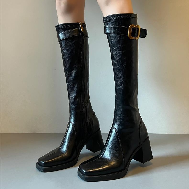 真皮粗跟长筒靴女2025秋冬季新款