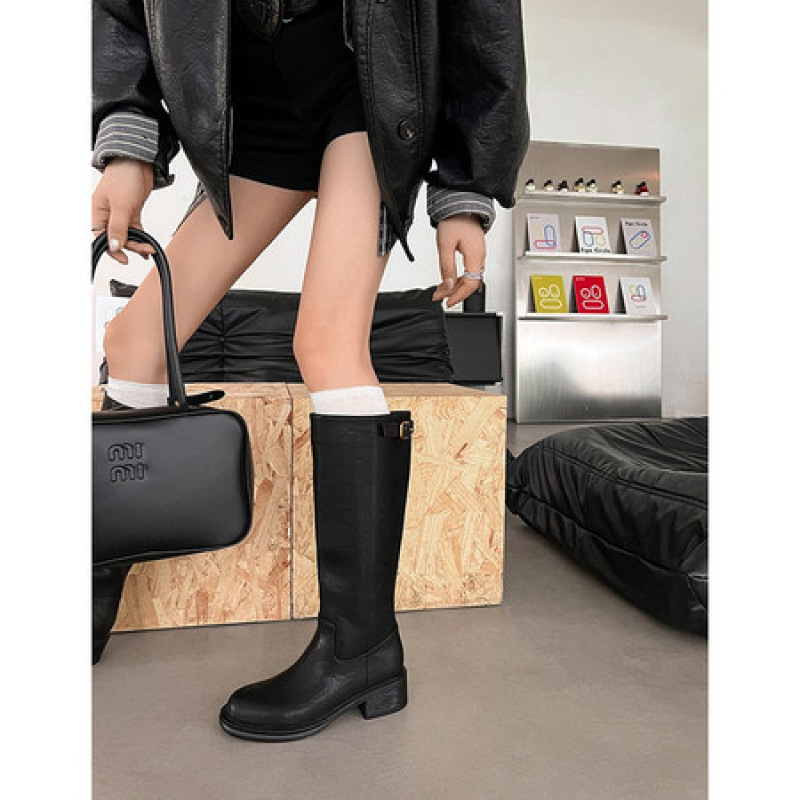 2025新款复古棕色长筒靴女圆头粗跟高筒靴不过膝骑士靴英伦风长靴