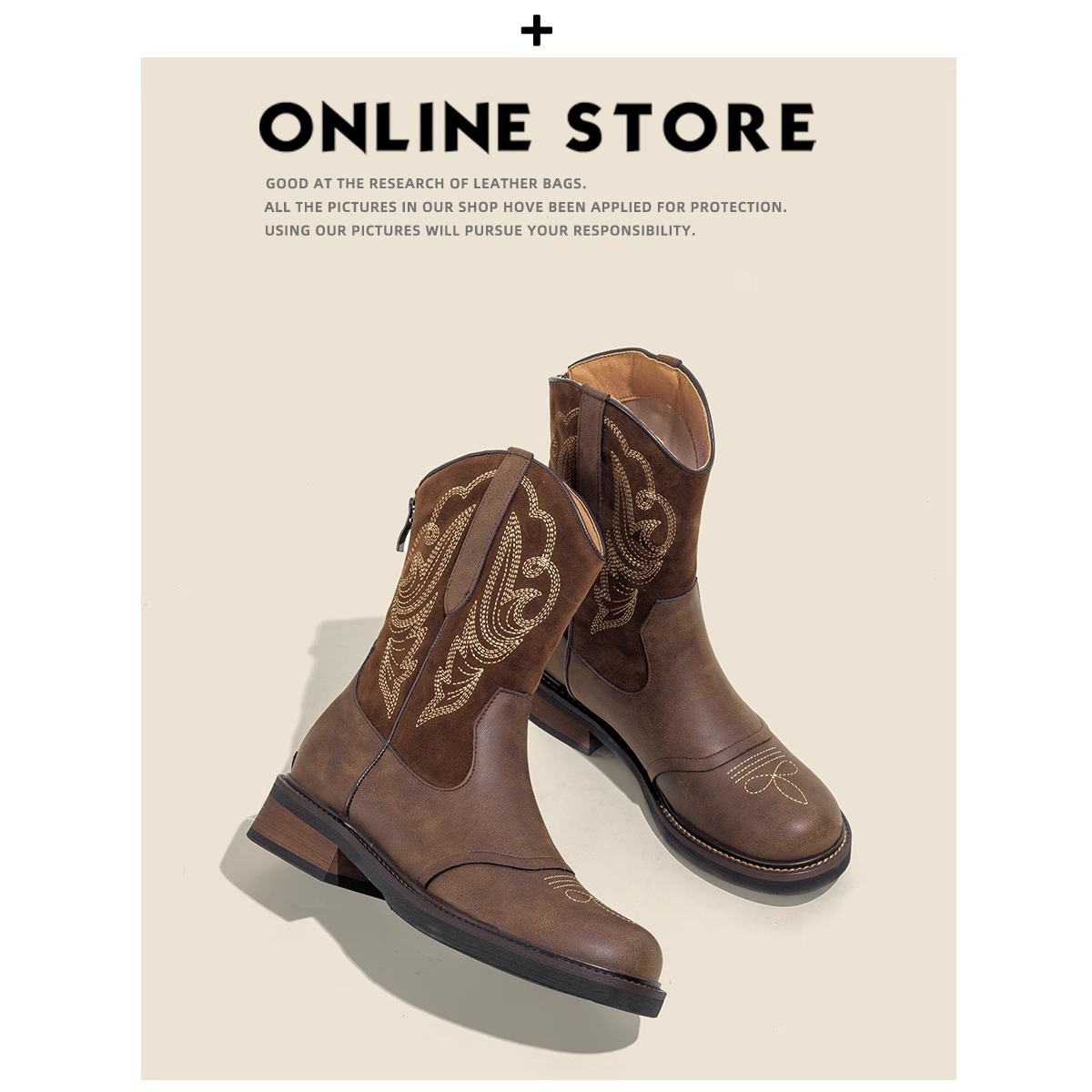 真皮~不二鞋坊英伦风短靴女棕色复古刺绣西部牛仔靴骑士靴马丁靴