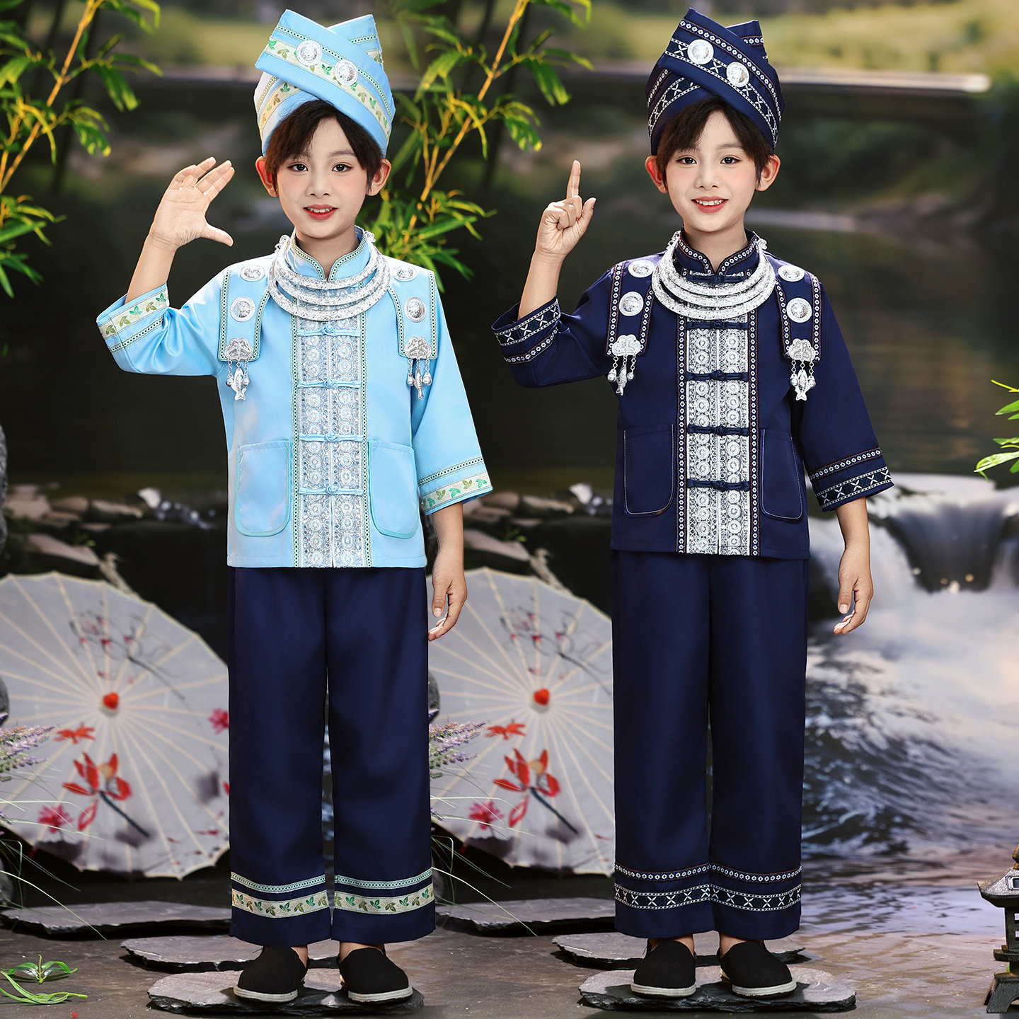 新款广西壮族三月三民族服装儿童少数民族男童壮服苗族表演服套装