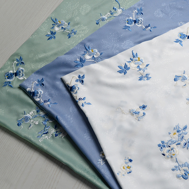 仿花罗提花三蓝青花刺绣满绣花春夏袄子清汉女斜襟旗袍汉服布面料