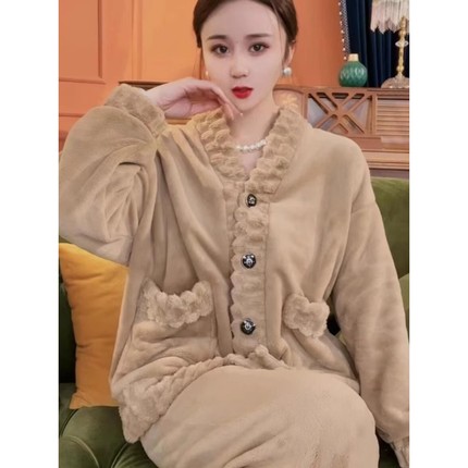 维多利亚2024年新款睡衣女开衫型冬季珊瑚绒加厚可外穿家居服套装
