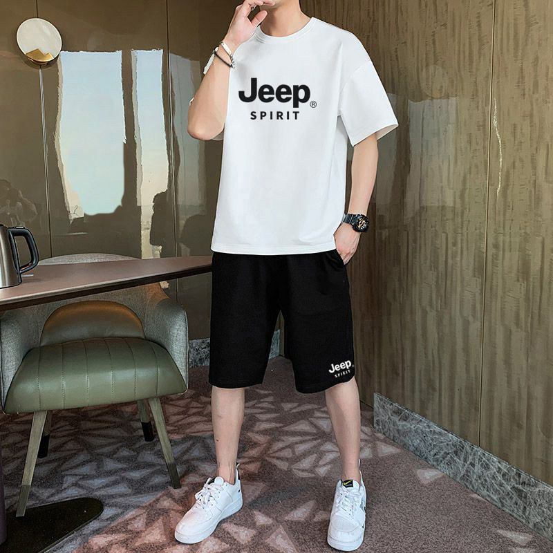JEEP纯棉夏季短袖套装T恤衫宽松圆领运动休闲上衣加大码五分裤潮
