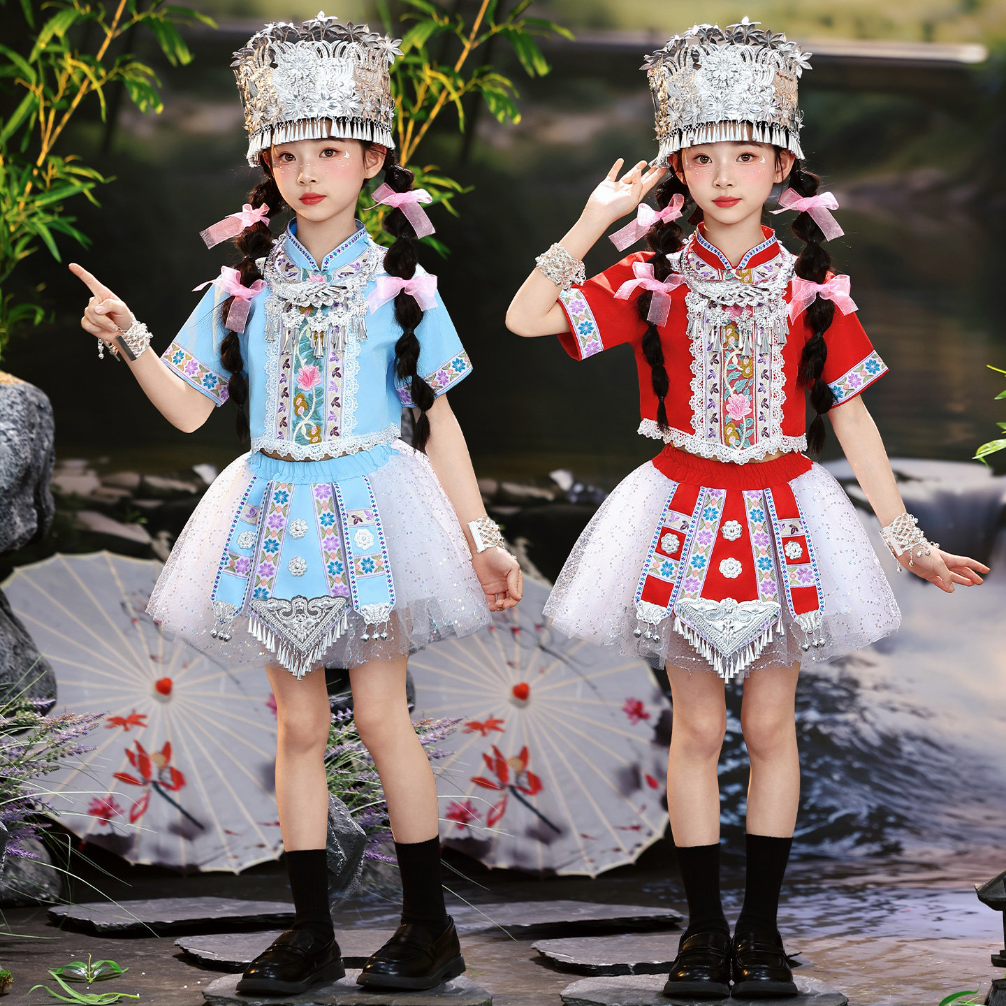 新款广西壮族三月三男女童少数民族服装苗族瑶族土家族儿童演出服