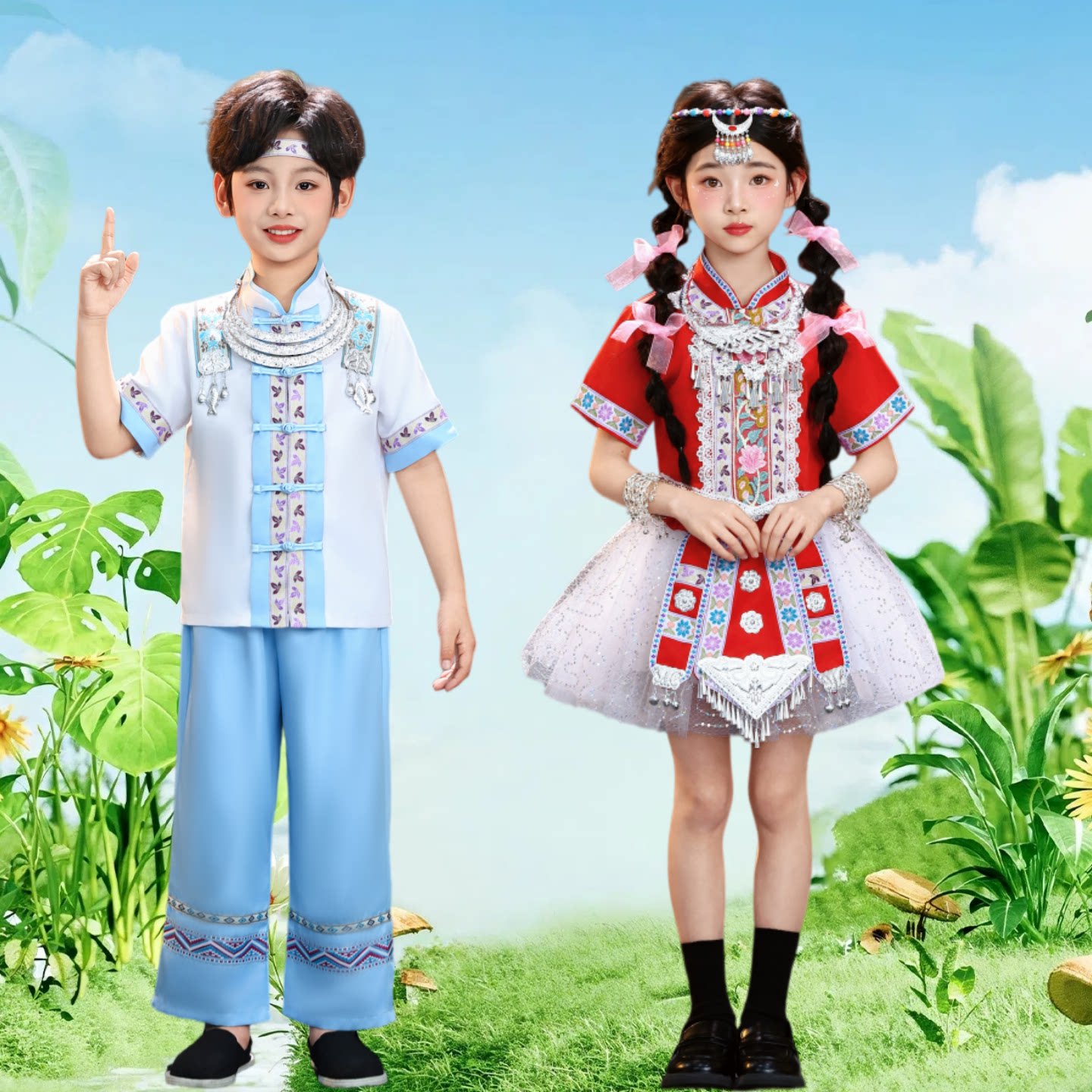 新六一儿童苗族演出服少数民族舞蹈服装哈尼族瑶族男女童黎族服饰