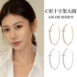 新款 大耳圈夸张耳饰 s925银针圈圈冷淡风十字架耳环女素圈潮流个性