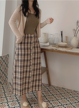 MYWAY 早秋新款复古撞色格子裙女高腰显瘦气质温柔后开叉中长裙女