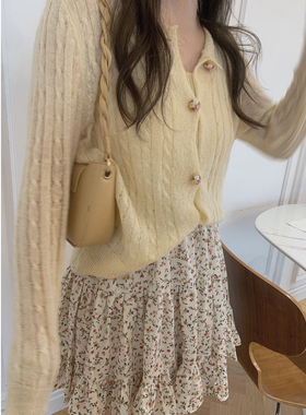 MYWAY自制 复古手工绣花纽扣软糯麻花外套春夏慵懒宽松马海毛开衫