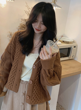 MYWAY 学院风v领毛衣外套开衫女秋冬宽松慵懒日系百搭针织上衣