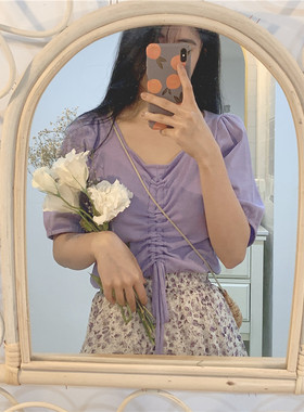 MYWAY 显瘦遮手臂~敲温柔紫色方领小衫抽绳设计短款夏季针织衫女