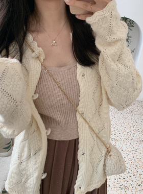 MYWAY 温柔复古日系奶茶色毛衣外套女秋冬外穿宽松慵懒钩花针织衫