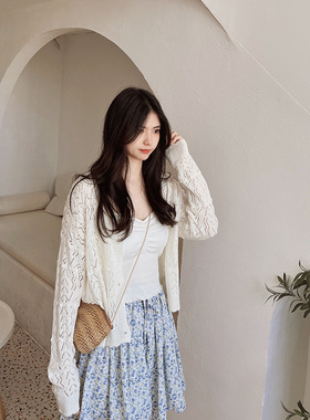 MYWAY 夏季百搭宽松短款薄款显瘦镂空温柔针织衫V领防晒外套开衫