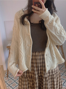 MYWAY定制款 温柔卷边复古菱格麻花开衫针织衫软糯慵懒宽松毛衣女