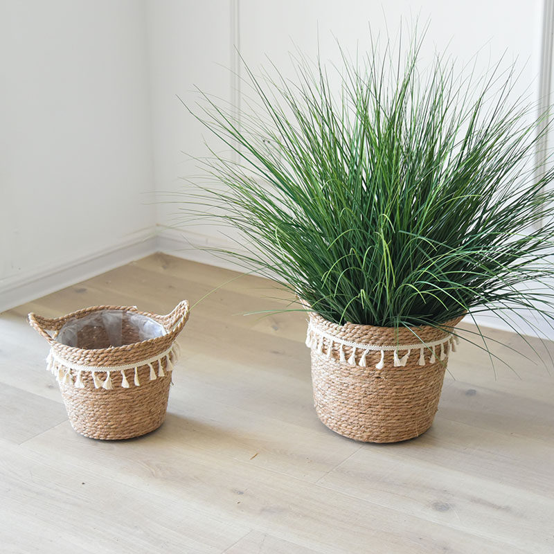 北欧龟背竹草编花盆流苏藤编花盆藤大竹编编织篮子手工装饰花盆套