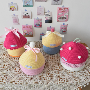 可爱杂物收纳盒桌面整理筐编织带盖零食储物收纳篮化妆品收纳筐