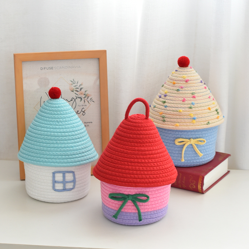 ins可爱创意客厅装饰棉线编织收纳盒带盖小房子收纳筐家居收纳篮